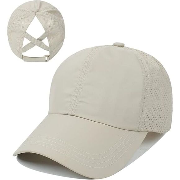Women\'s Khaki Crises Cross Ponytail Adjustable High Messy Bun Baseball Caps